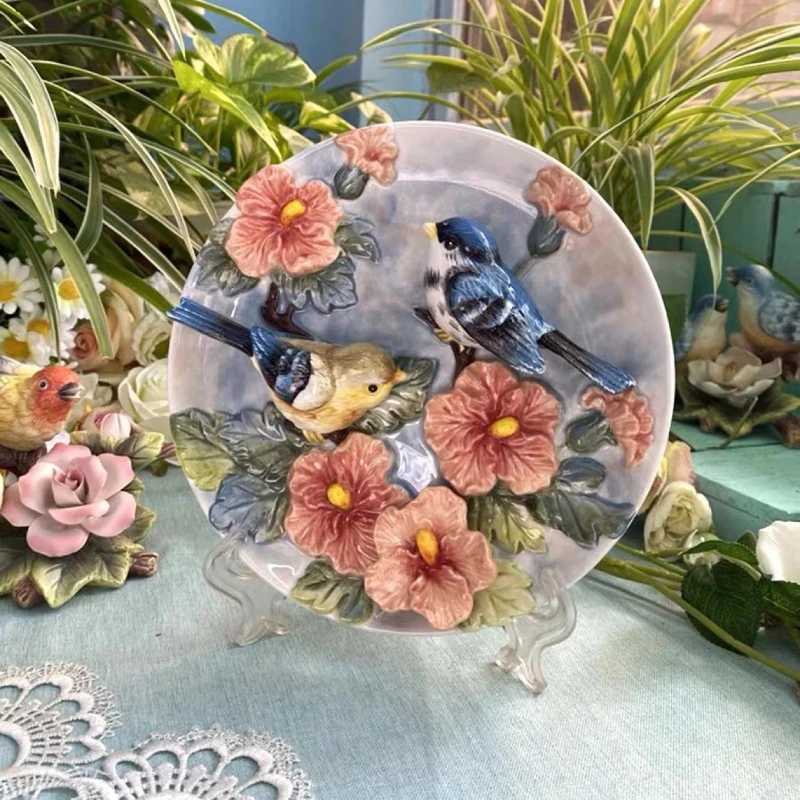 3D Hibiscus Bird Decorative Wall Plate Porcelain Home Decoration Plate Room Crafts Accessories Figurine Bird Decor Accent Plate