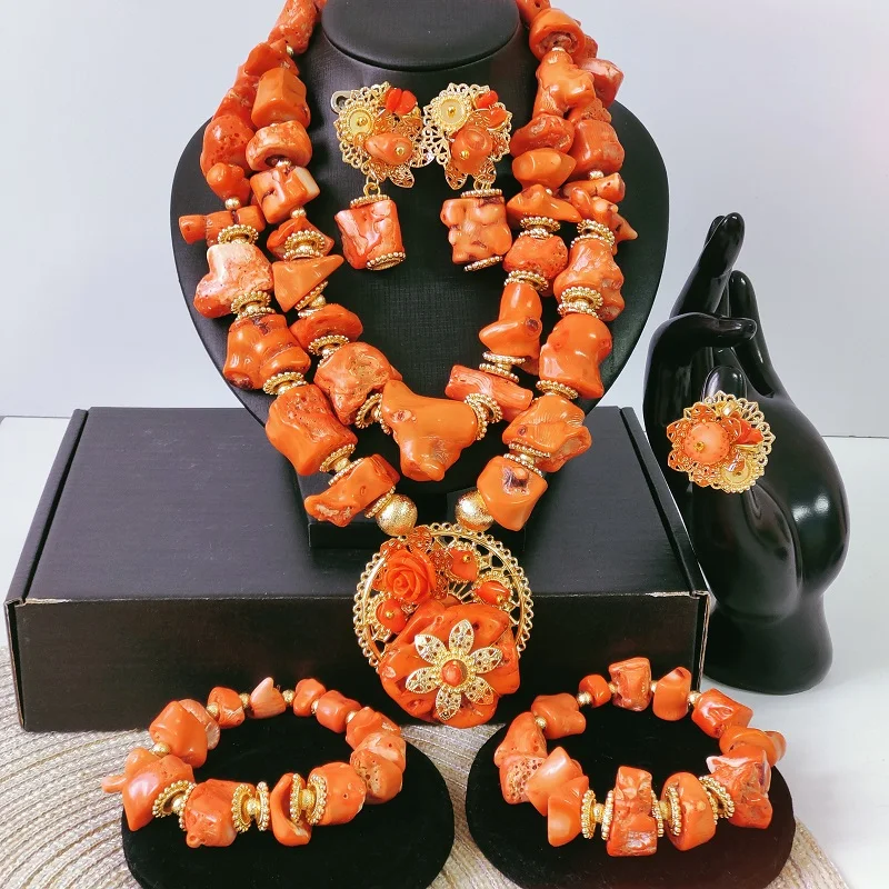 African Fashion Real Coral Beaded Necklace Sets Nigerian Wedding Jewelry