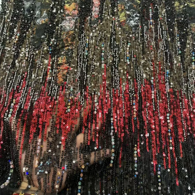 

Latest Velvet Lace Fabric Afrcian High Quality Linear Sequin Design French Embroidery Fabric For Evening Dress Party Gown Sewing