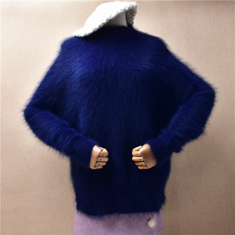 

Female Women Fall Winter Fashion Blue Hairy Mink Cashmere Knitted O-Neck Long Sleeves Split Loose Pullover Angora Fur Sweater