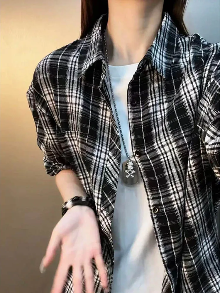 Loose Long Sleeve Plaid Shirt Unisex Casual Style Open Cardigan Outerwear Layering Loose Feelings Leisure Shirt Trendy Ins