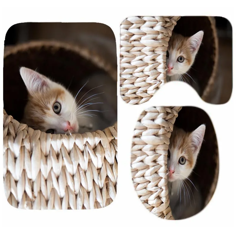 Cute Kitten Cat Hiding in Tree Hole Bathroom Rug Mats Set 3 Piece Pad Kawaii Cats Bath Rug Carpet Toilet Cover Animal Pet Gift