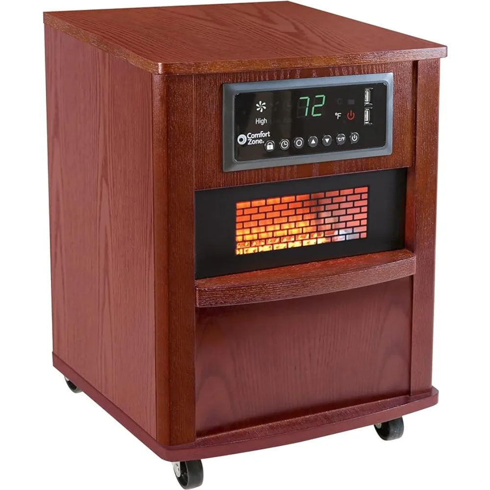 Heater w/Built-In USB Charging Ports & Remote Control, On/Off Timer, Safety Tip-Over switch & Overheat Protection System, Cherry