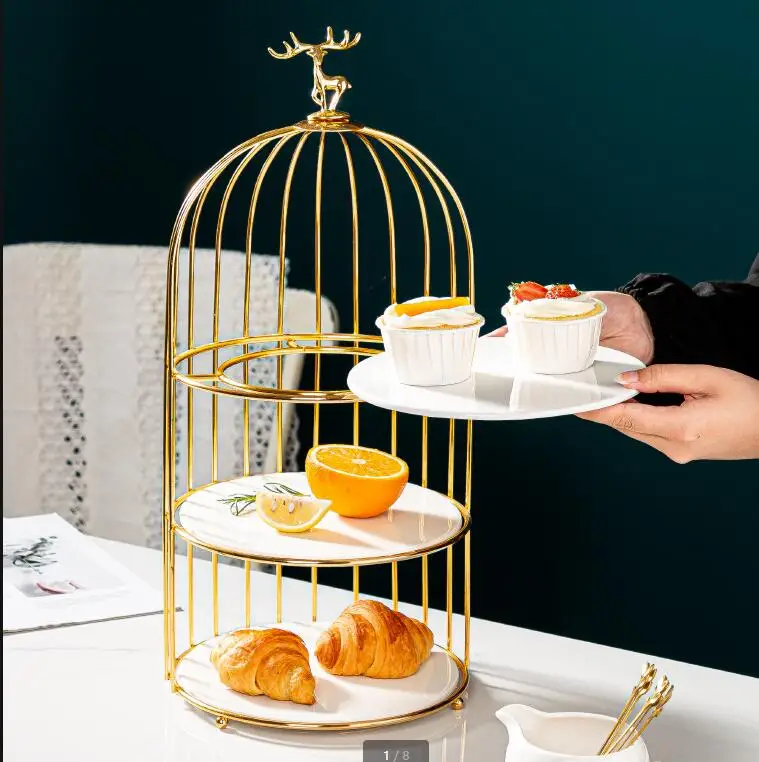 Multi-layer Metal Ceramic Fruit Plate Bird Cage Cake Stand Party Decoration Dessert Display Nordic Home Snack