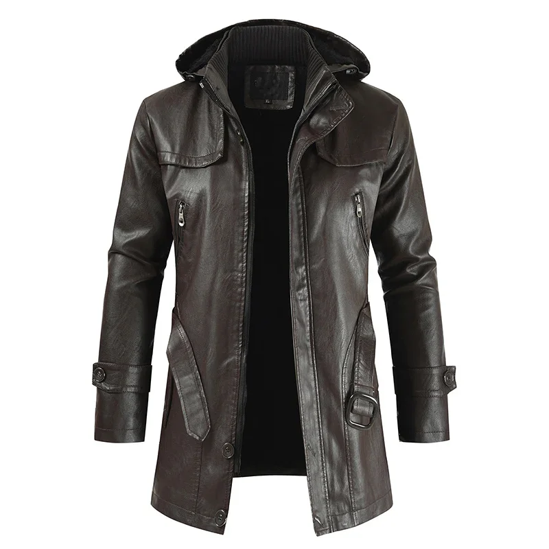 fashion Winter Korean Fashion Jacket Coat Windproof Clothes Men's Hooded Long Leather coat Men's Leather Motorcycle Leather