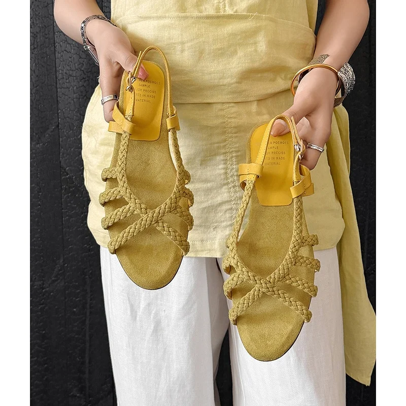 

High Quality Handmade Woven Flat Sandals Women Fashion Back Strap Buckle Brand Designer Shoes Summer Sexy Open Toe Beach Sandals