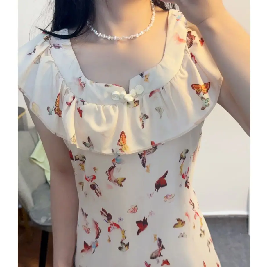 드레스 민소매 여성 보헤미안 스타일 봄 시폰 레이스업 주름 플러터 레이어드 케이크 드레스 랜턴 슬리브 프렌치 스타일 스위트하트