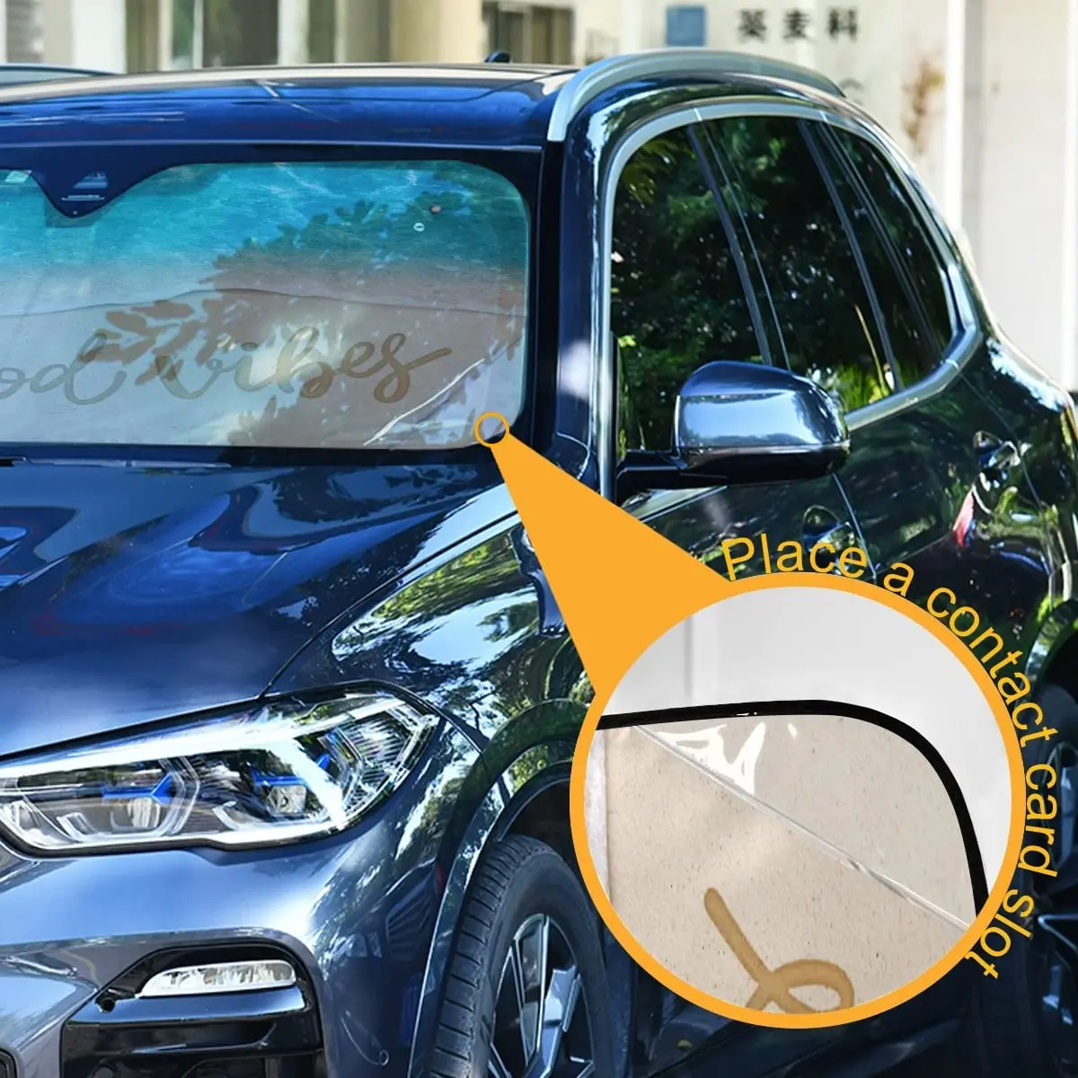 Car Windshield Sun Shade Good Vibes Beach Car Sun Visor for UV Rays and Sun Heat Protection Summer Palm Tree Sea Blocks Heat and