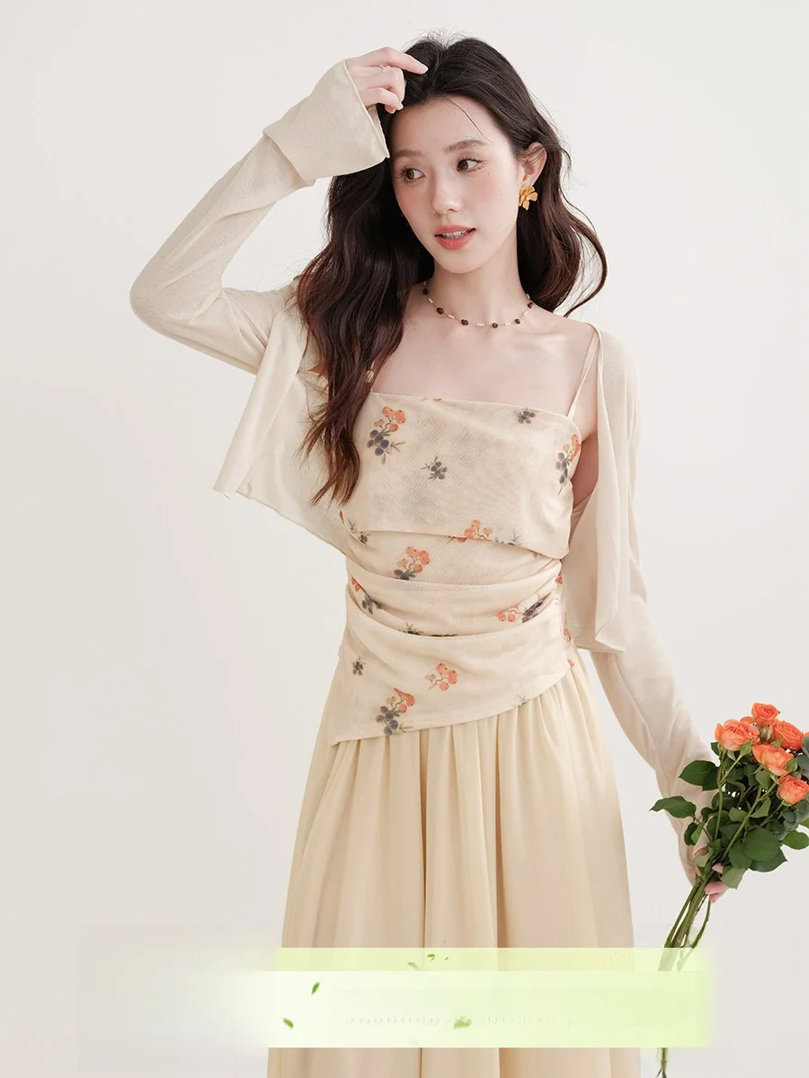 

Новый комплект в китайском стиле из трех предметов: женский летний дышащий легкий кардиган с цветочным принтом и юбка с коротким рукавом