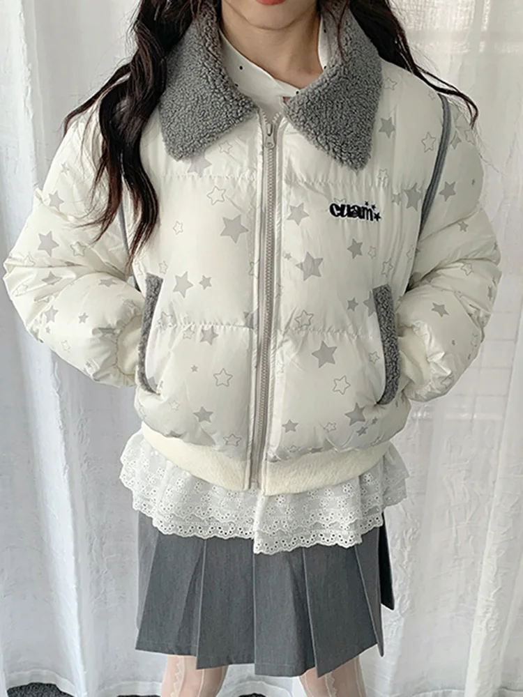 아메리칸 레트로 스타 파카 여성 겨울 긴 소매 레터 프레피 스타일 푸피 코트 하라주쿠 빈티지 인조 양털 칼라 재킷 신상품