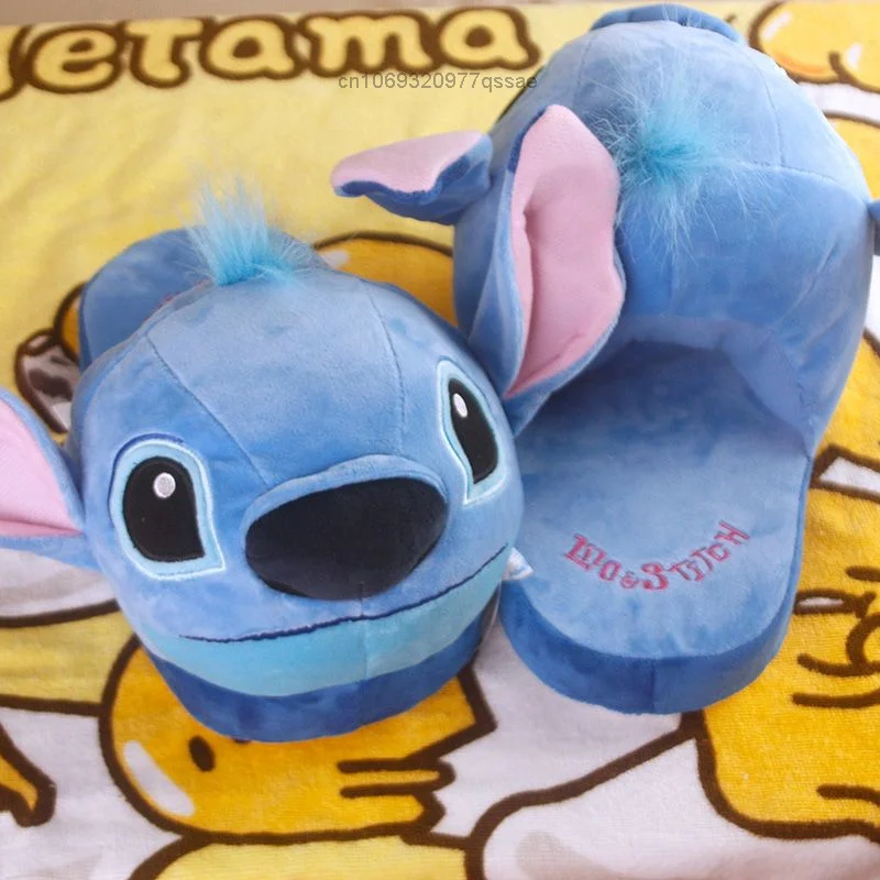 Disney Cute Cartoon Stitch Winter Home Couple Plush Cotton Slippers Keep Warm Flat Bottom Women Shoes Gift For Girlfriends