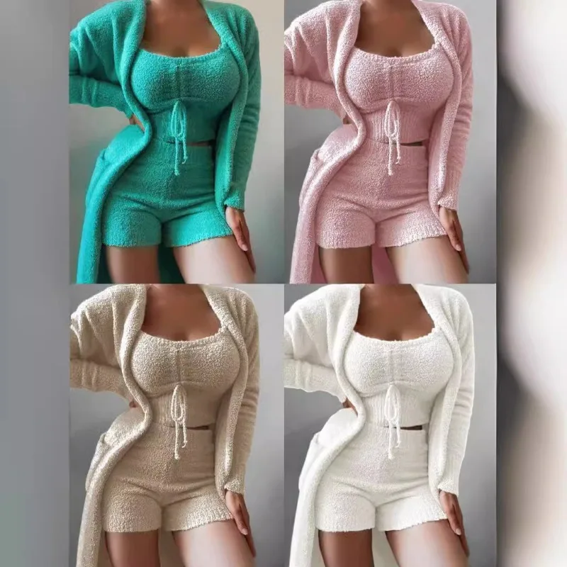 3PCS/Set Women's Long Plush Pajamas Student Shorts Robe Home Wear Solid Colour Clothes Girls Sexy Nightwear Ladies Sleepwear