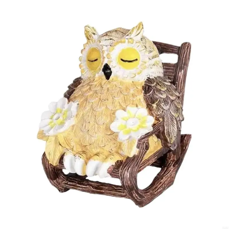 Warm Glowing Owl Decors Statue, Solar Resin Figurine with Rocking Chair Base, Garden Patios Accent for Desktop and Shelf Styling