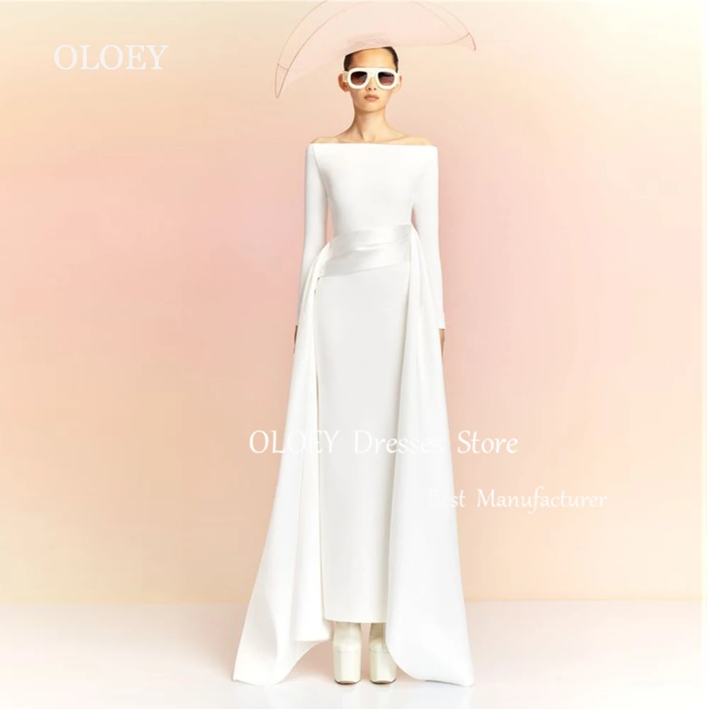 

OLOEY Modest Arabic Straight Wedding Dress Off Shoulder Full Sleeves Bridal Gown Custom Made Formal Ivory Evening Dress