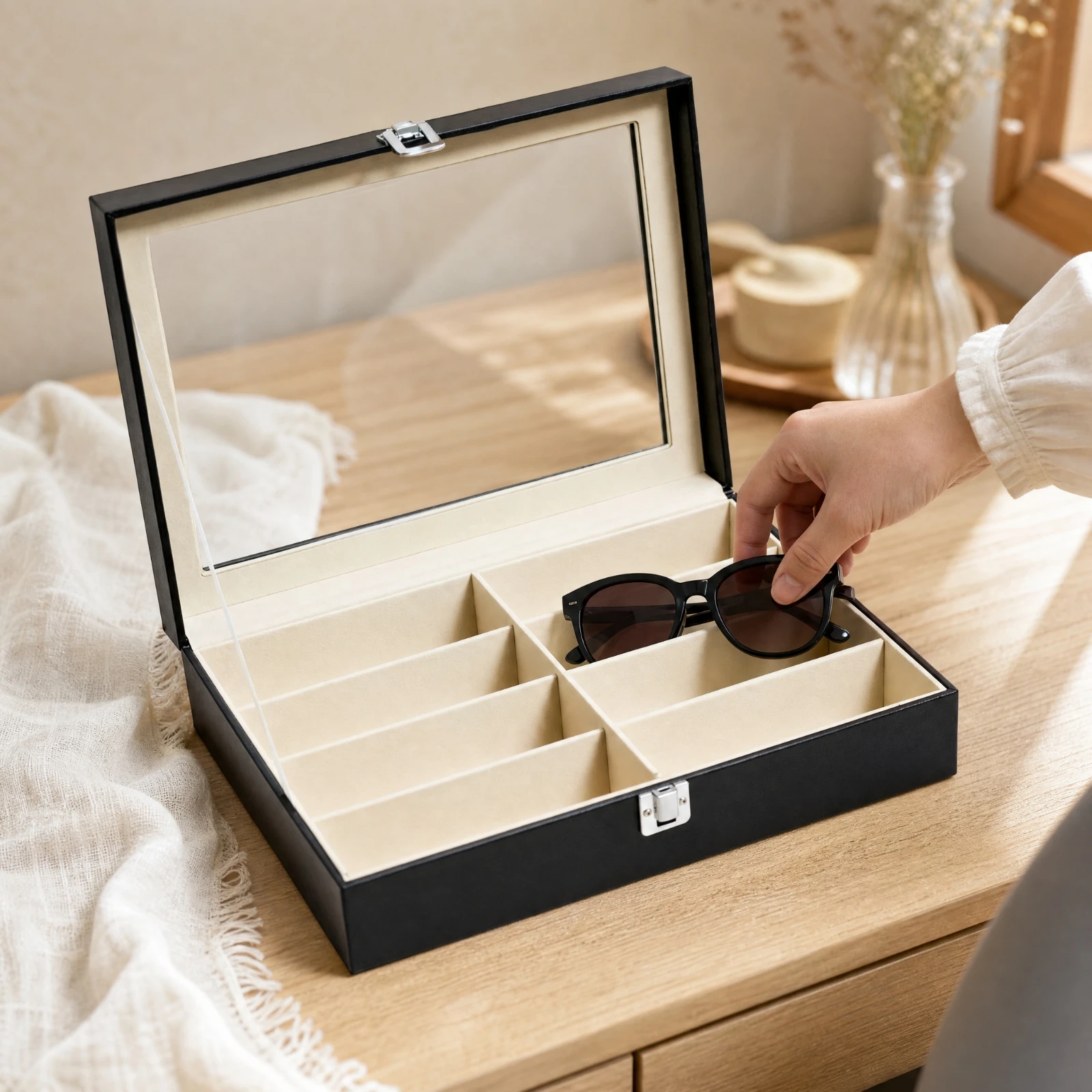 Eyeglass Storage and Display Box Dustproof 8-Compartment Eyeglass Organizer Spacious Scratch-Resistant for Dressing Table