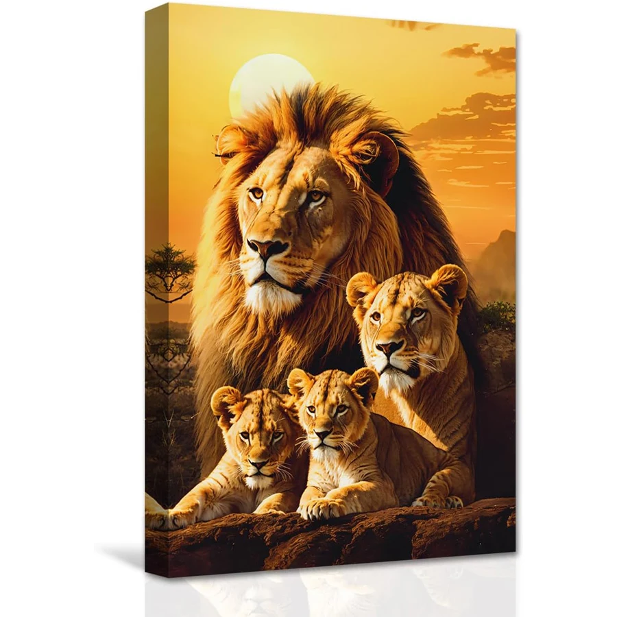Pintura de diamante 5D de la familia de leones, arte de pared, leones silvestres y dos cachorros, imagen de mosaico bordado de diamantes, animales salvajes africanos