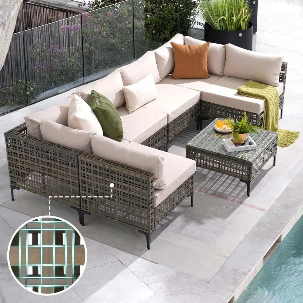 

7 Piece Wicker Patio Furniture Set, Metal-Colored PE Rattan Outdoor Conversation Set Sectional Sofa with Water Resistant Cushion