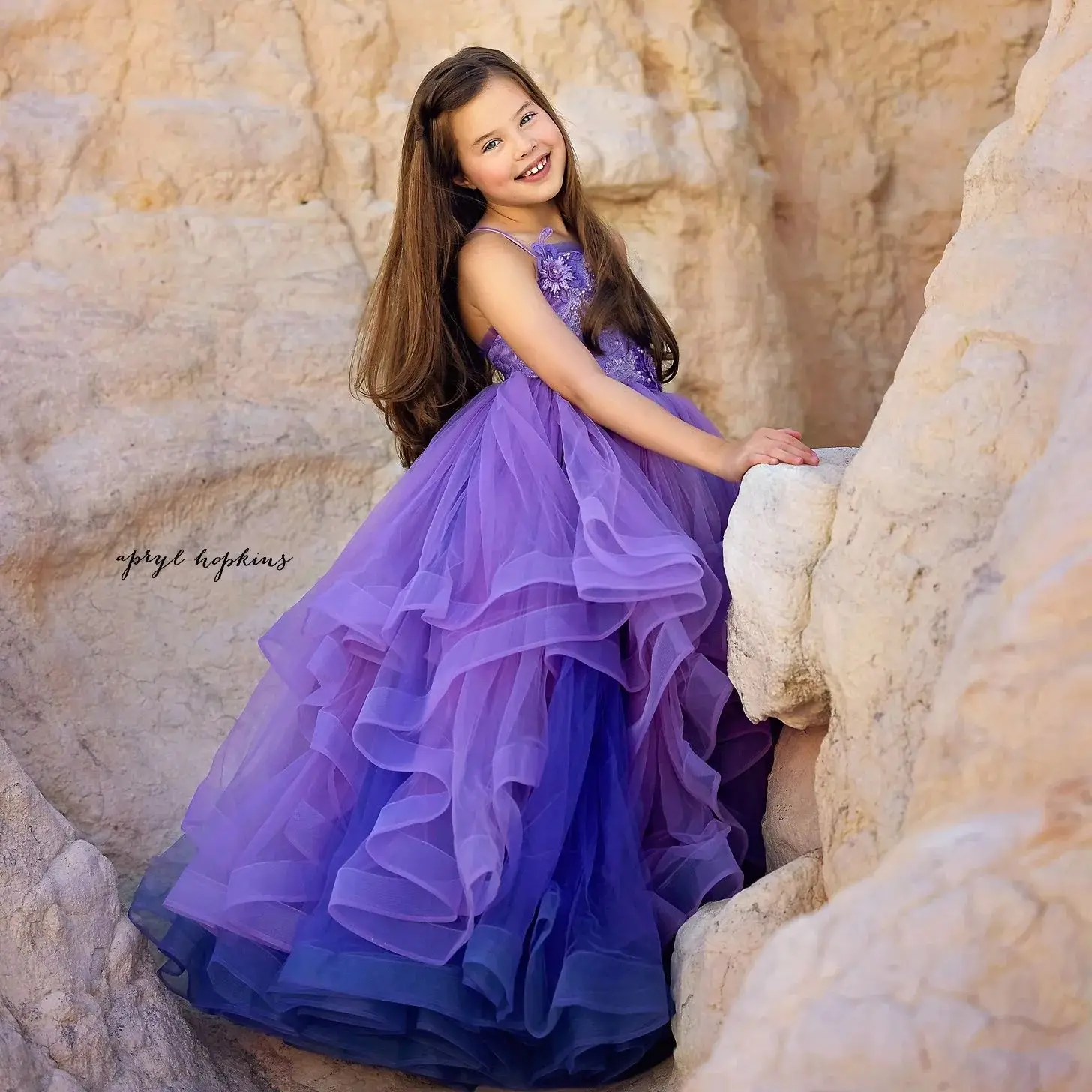 Purple Cute Flowers Girls Pageant Dress Fluffy Skirt Ruffles Kids Prom Ball Gowns Beads Litter Girl Baby Birthday Dress