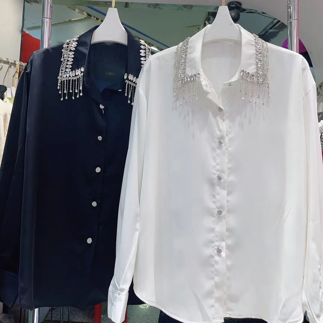 Luxury Women Pearls Beaded Tassels Turn Down Collar White Shirt Crystal Fringed Satin Blouses Rhinestones Cardigan Blusas Tops