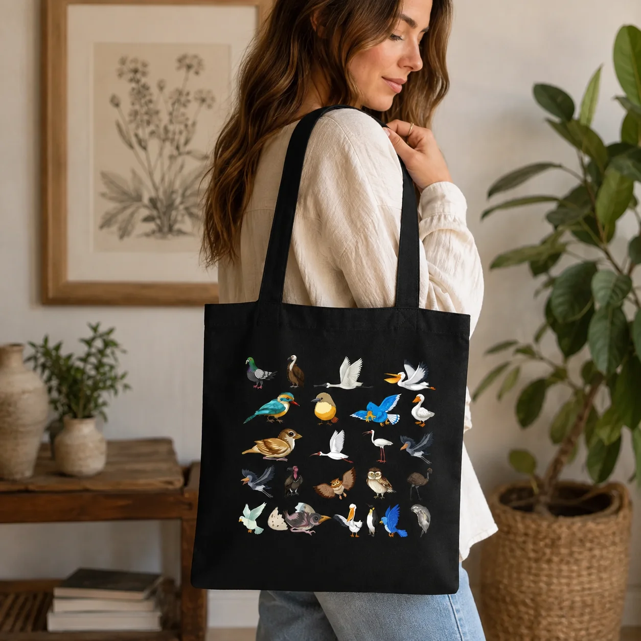 Bird Species Collection Canvas Tote Bag Various Cute Bird Graphic Print Shoulder Bag Casual‑Reusable Shopping Handbag