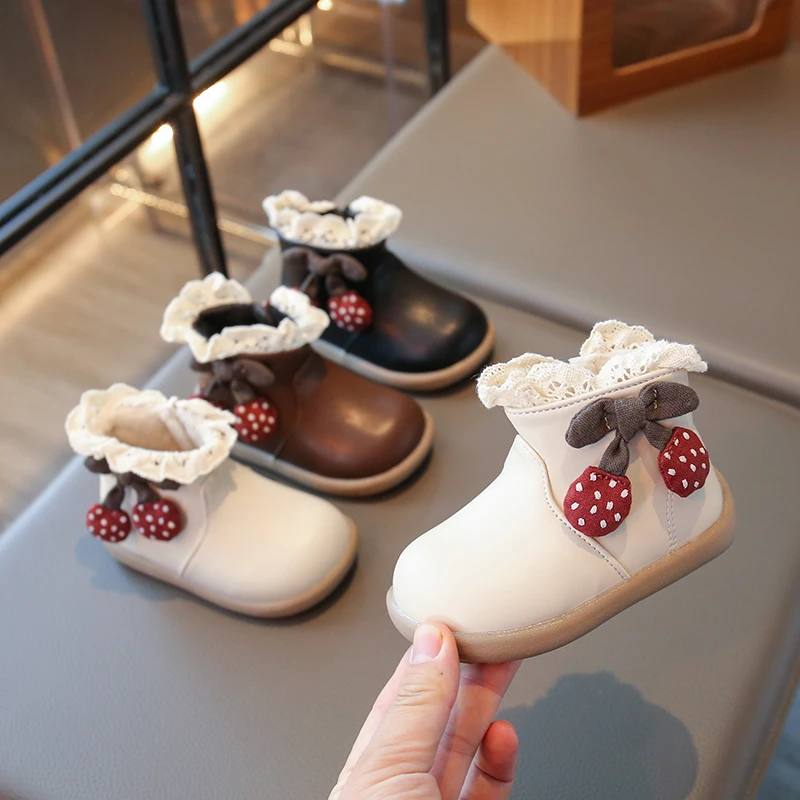 

Зимние сапоги для маленьких девочек и мальчиков, осенне-зимняя детская обувь принцессы с кружевным бантом, уличная нескользящая мягкая подошва, детская плюшевая обувь для малышей