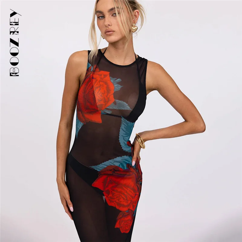 BoozRey Woman Tie Dye Print Woman Summer Swing Collar Halter Bandage Sheer Stretch Coquette Party Sexy Vestidos Clubwear