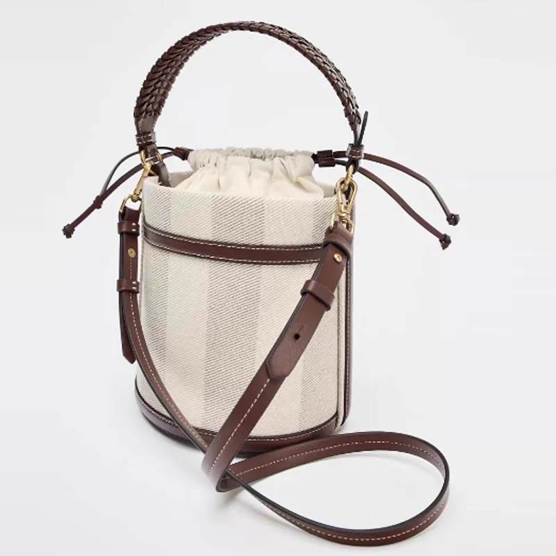 

New Stripe Canvas Bucket Bag Designer Women Handbag Luxury Pu Leather Shoulder Crossbody Bags With Wide Strap Tote Purses