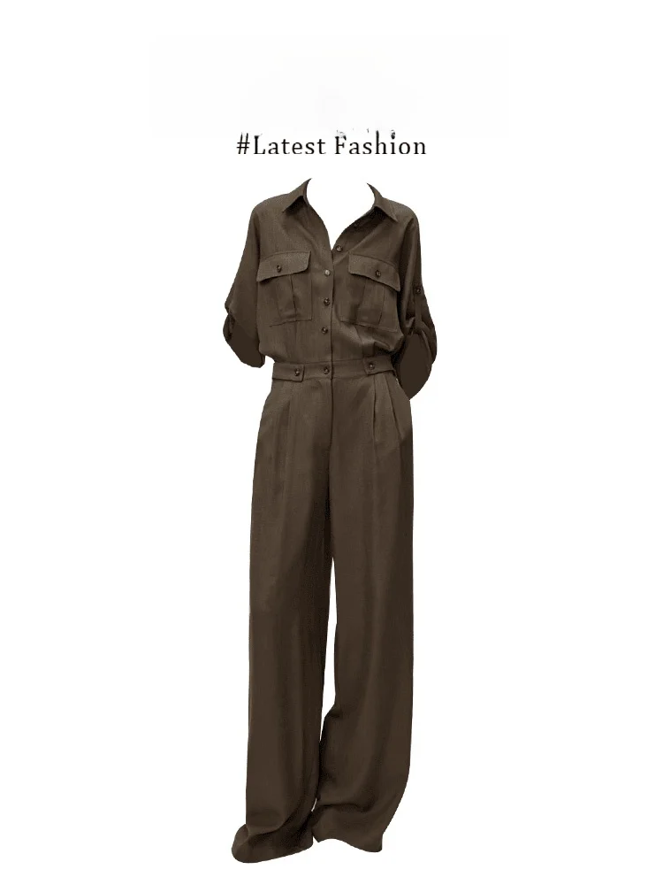 Pantalon long ample pour femme, style cargo décontracté, taille haute, amincissant, été 2025, couleur café, Parkyeon