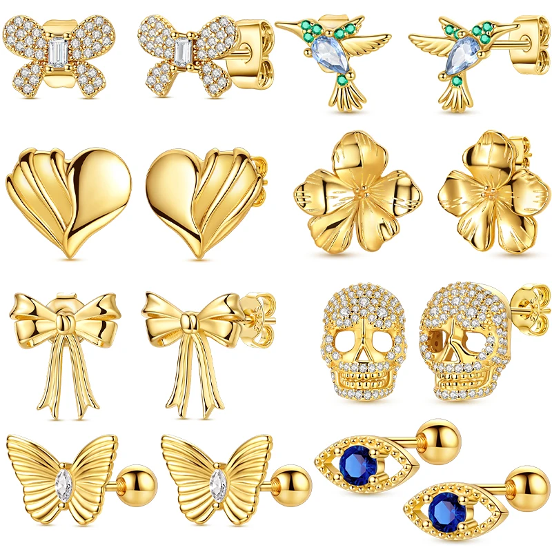 

Golden Color Earrings 925 Sterling Silver Bow Four Leaf Clover Ear Stud Star Moon Earrings For Women Fine Party Birthday Jewelry