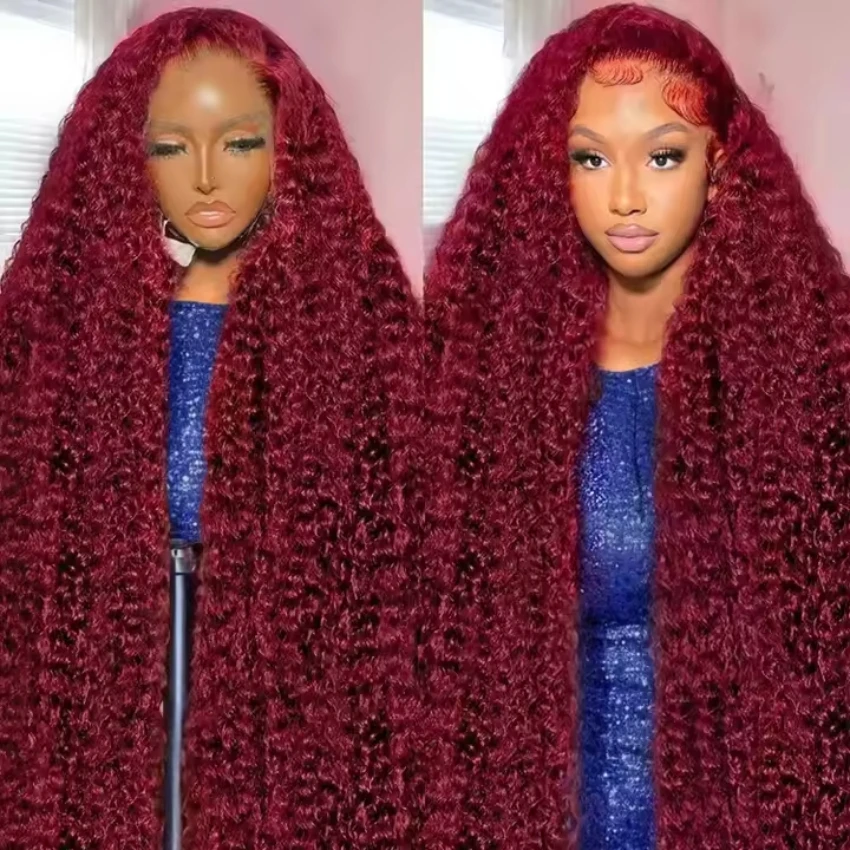 200 Density 13x6 HD Transparent Front Lace  wig 99j burgundy Deep Wave Hair 36 inches for women human hair