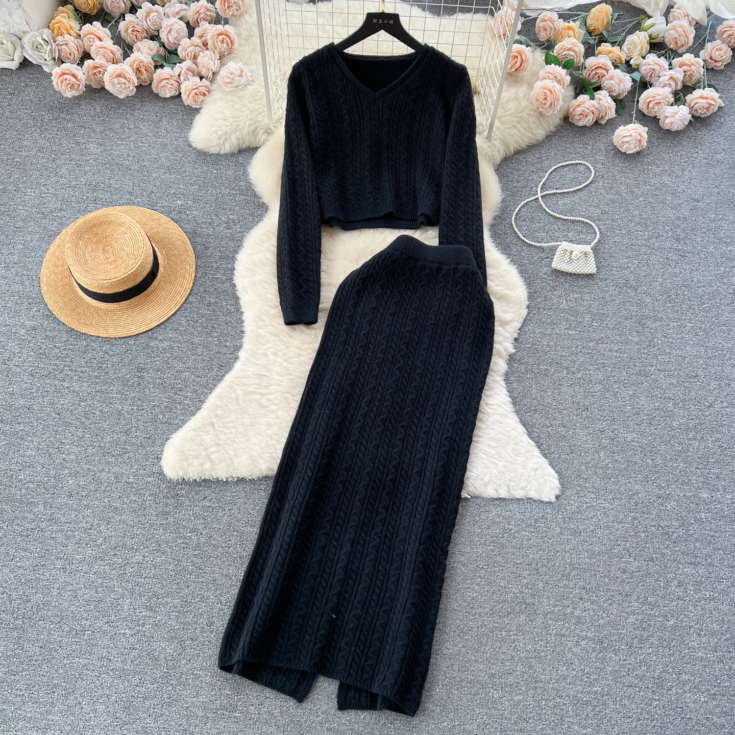 Autumn Winter Two Piece Skirt Suit Lazy Gentle High Class Knitted Sweater Pullover With High Waist Split Skirt Women