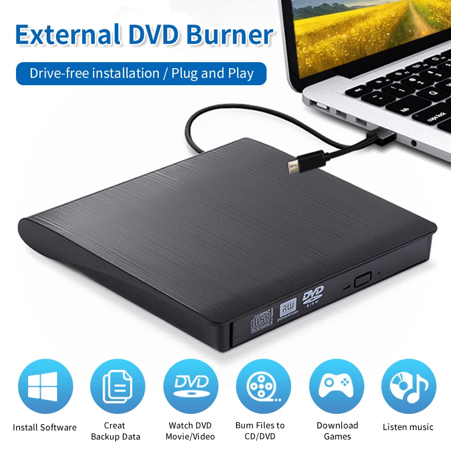 

USB 3.0 Type-C External Optical Drive DVD Burner RW DVD ROM CD Player Writer Reader Recorder Portable Disk Drive for PC Laptop