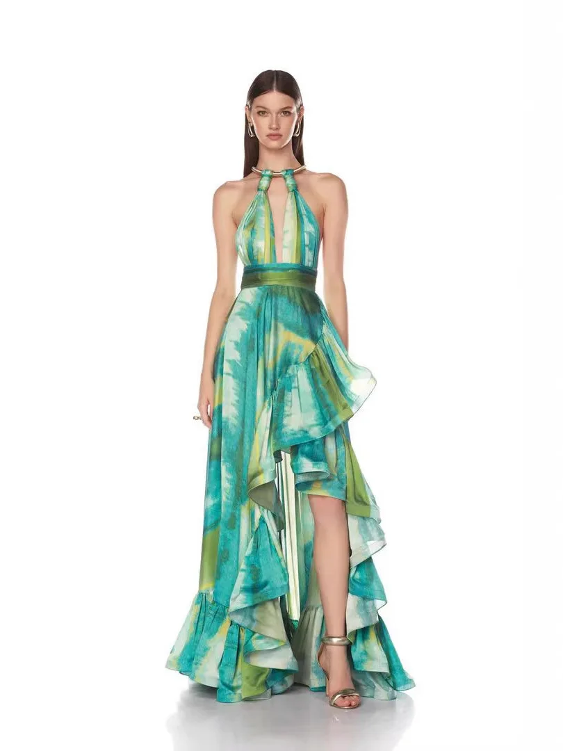 

New Sexy Halter Neck Hollow Out Printed Slim Long Dress Women Green Sleeveless Ruffles Split Dresses Evening Party Formal Gowns