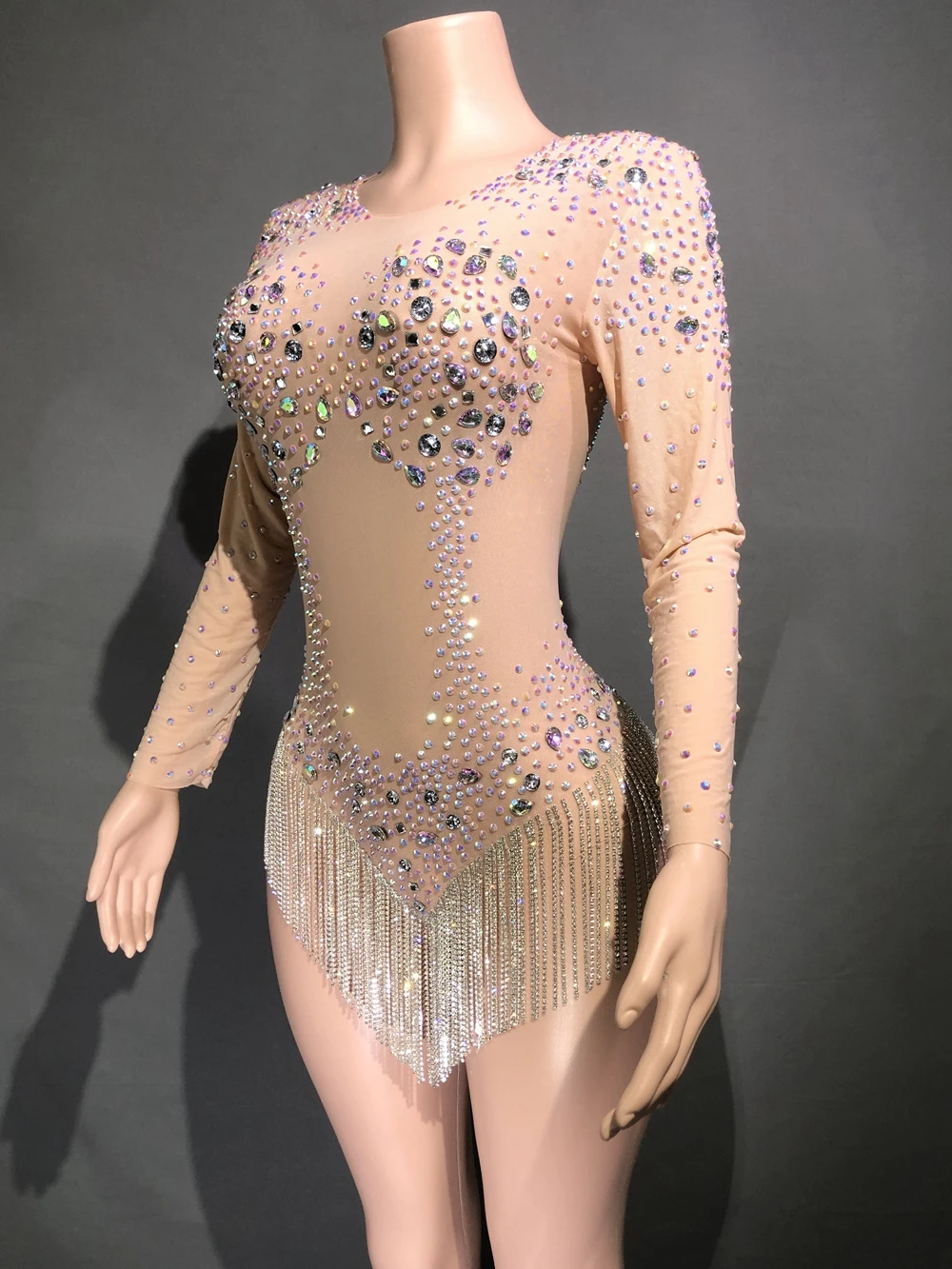 Sparkly Rhinestones Chains Bodysuit Dance Costume Long Sleeve See Through Nightclub Outfit Sexy Leotard Party Show Stage Wear