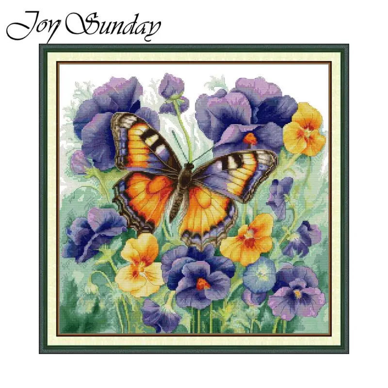 Joy Sunday Cross Stitch Kit Butterfly With Pansies HD Pattern Printed Counted Fabric Aida 16/14/11CT DIY Embroidery Sets New Hot