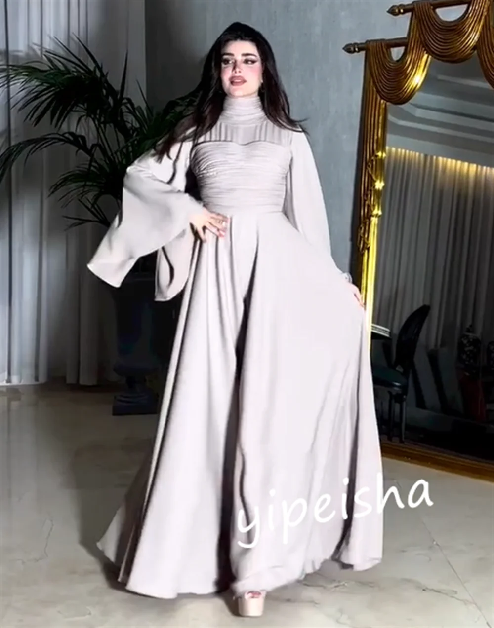 Jiayigong  Ball    Jersey Draped Ruffle A-line High Collar Bespoke Occasion Gown Long Es Saudi Arabia