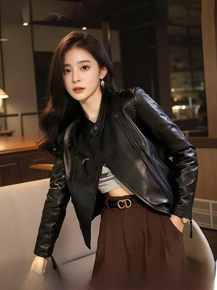 

Slim Fit Genuine eepskin Leather Jaet Women's ort Sle Retro Motorcycle Korean Version Small Outerwear Coat