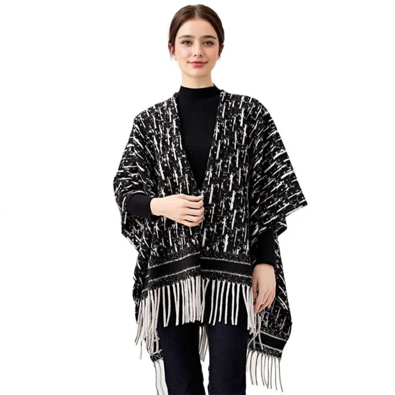 

Letter Knitted Shawl Fabric with Tassels Large Check Jacquard Cape Shawl Scarf