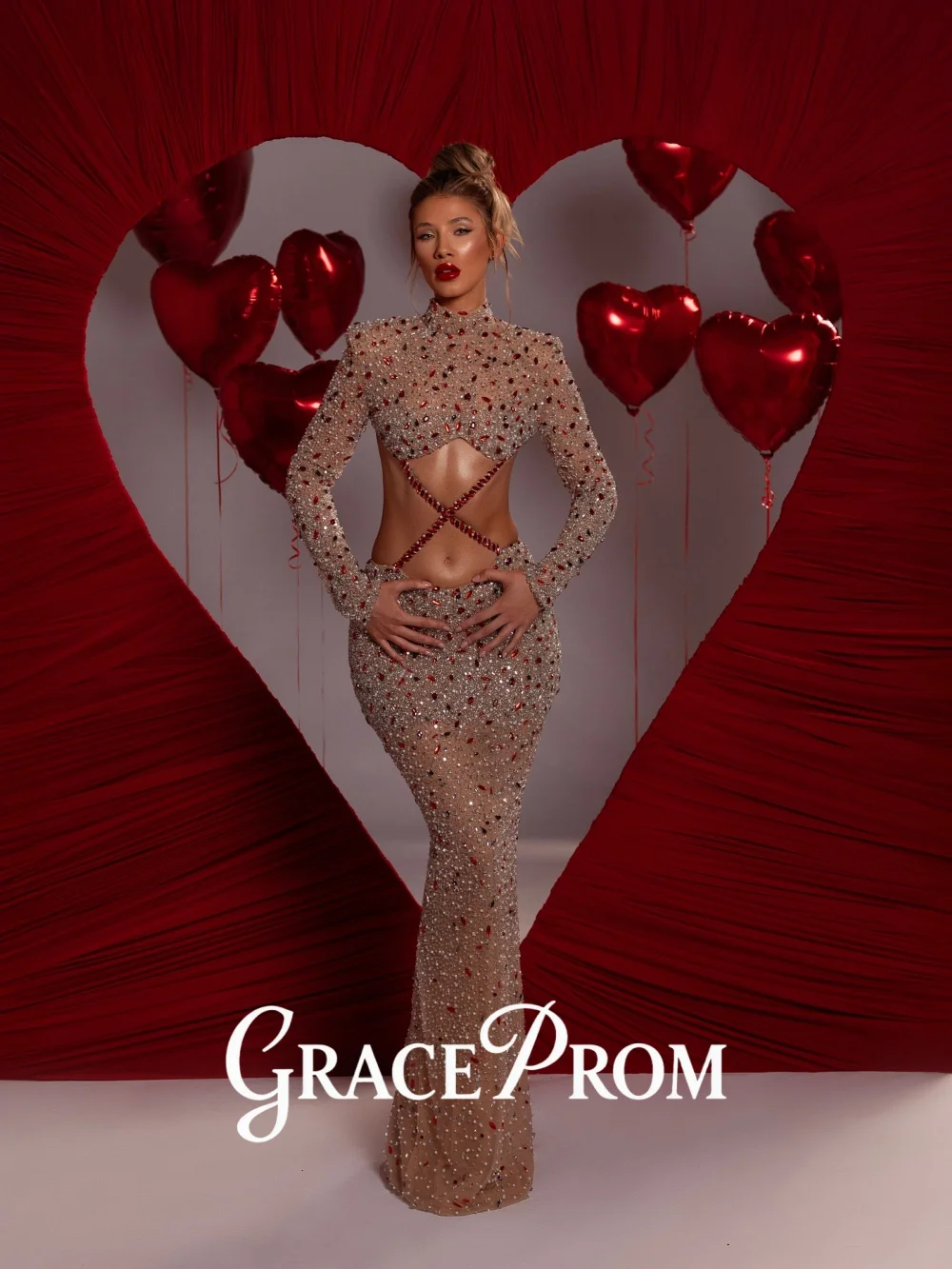 

GraceProm Bold High-Neck Evening Dress 2026 Cross-Cutout Carpet Gown Fashion A-Line Floor-Length Party Gown فساتين سهر