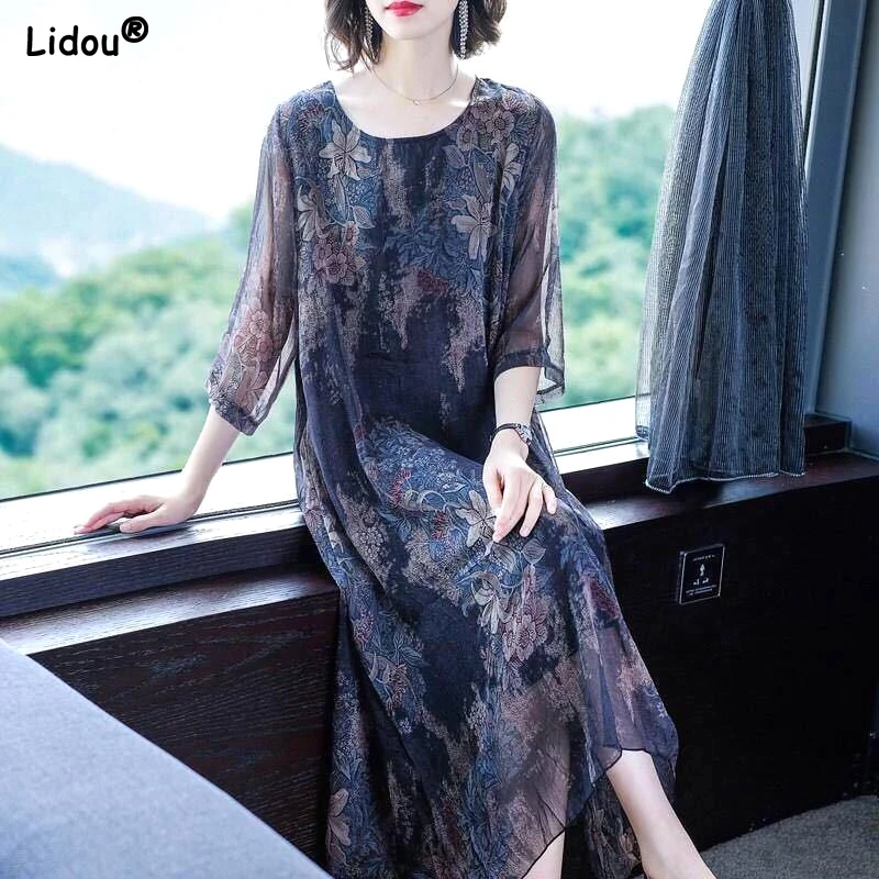 

Vintage Dresses Round Neck Midi Skirts Fashion Casual Summer Thin Floral Three Quarter Sleeve Gauze Printing Women's Clothing