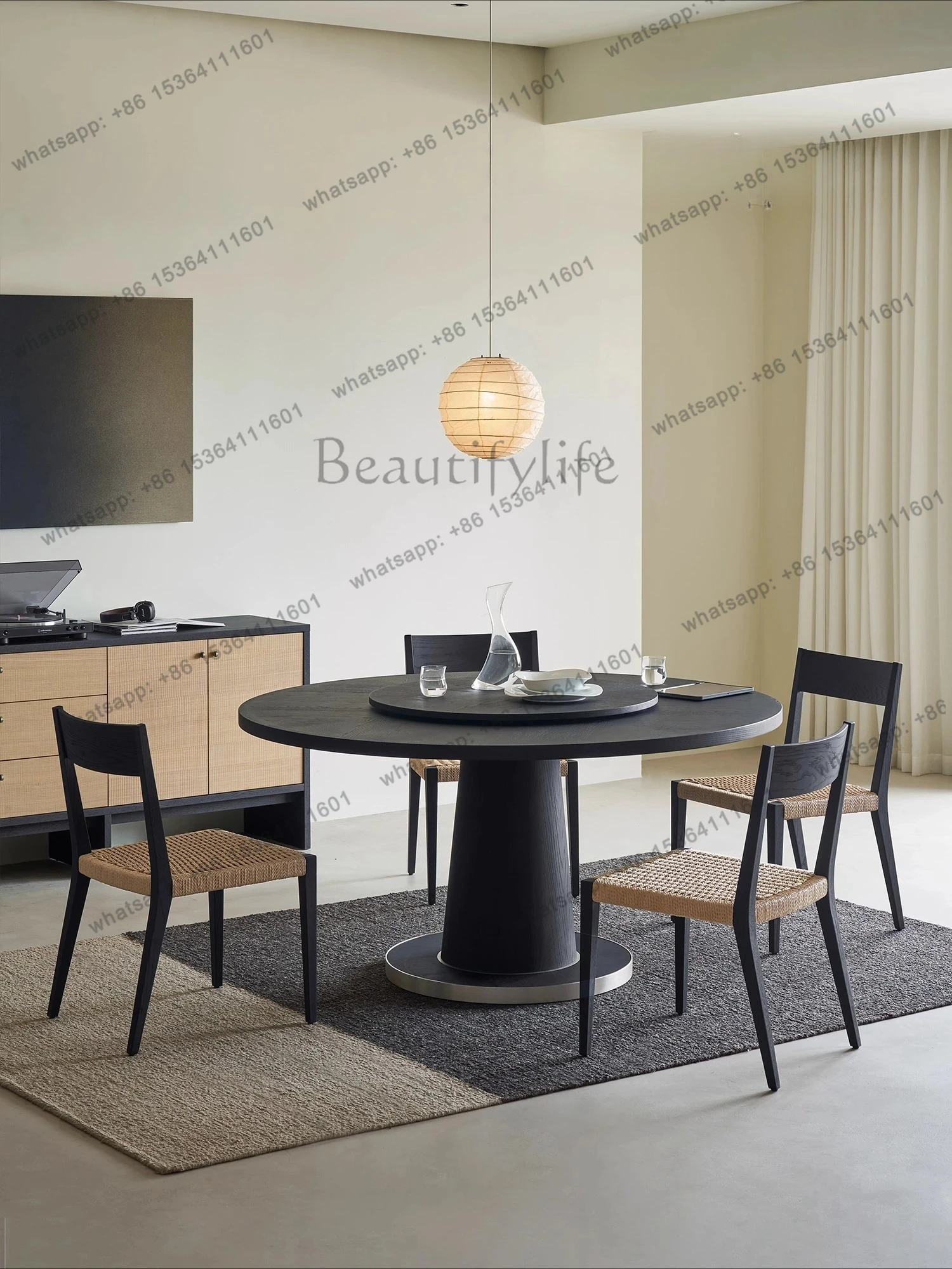 

Round dining table Solid wood wabi sabi black dining table and chair combination with turntable Household dining table