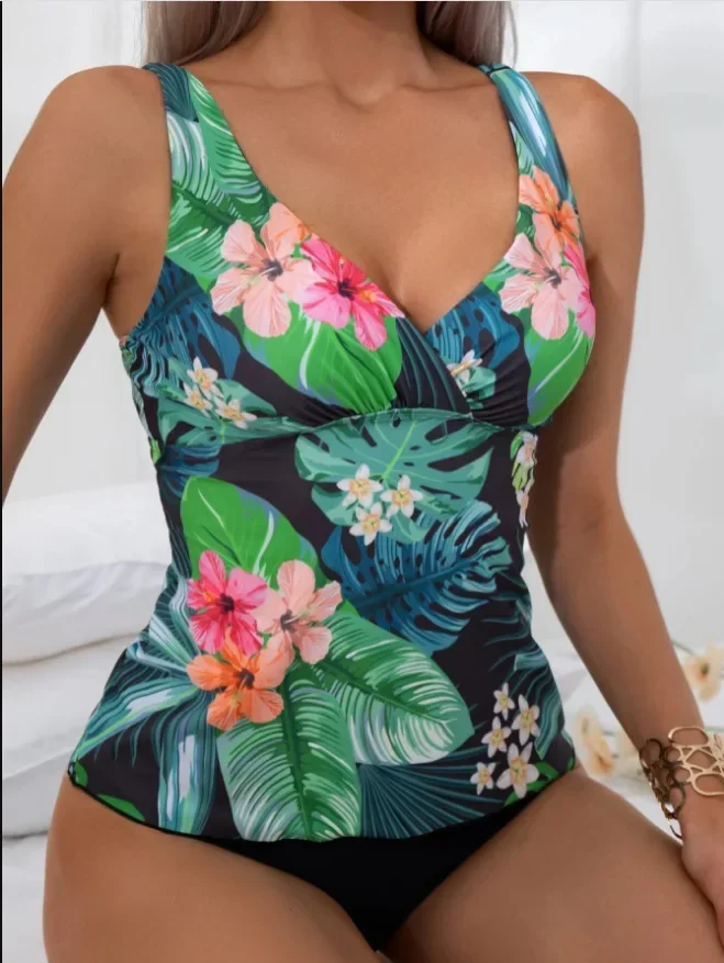 Maillot de bain deux pièces imprimé fleuri, sexy, col en v, tankini, taille haute, conservateur, tenue de plage, 2023, 2025