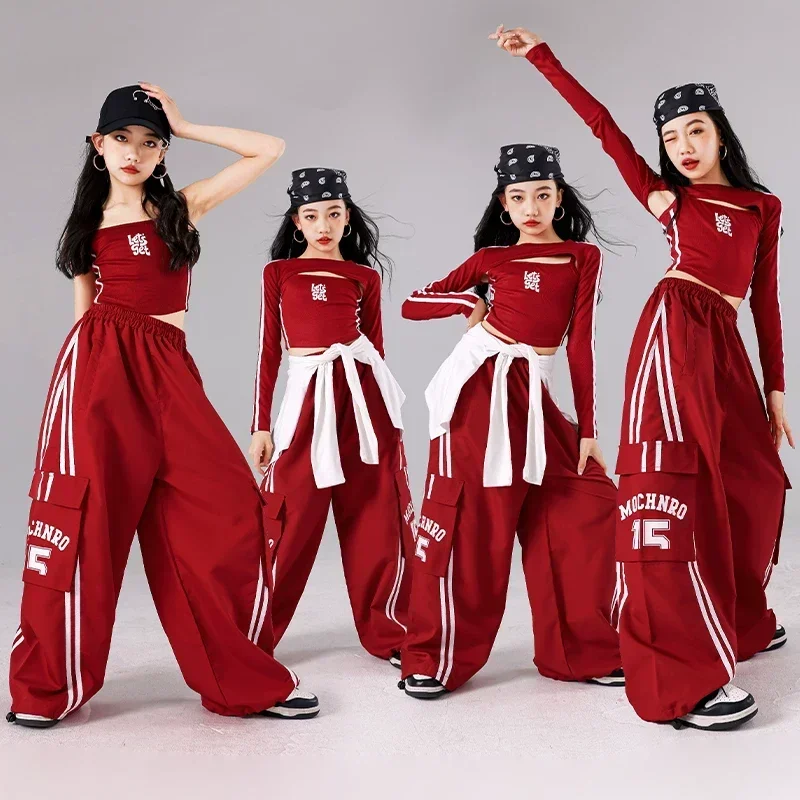 Girls Hip Hop Street Dance Costume Red Vest Loose Pants 2025 Performance Modern Dancing Clothes Sets Teenagers Jazz Stage Outfit