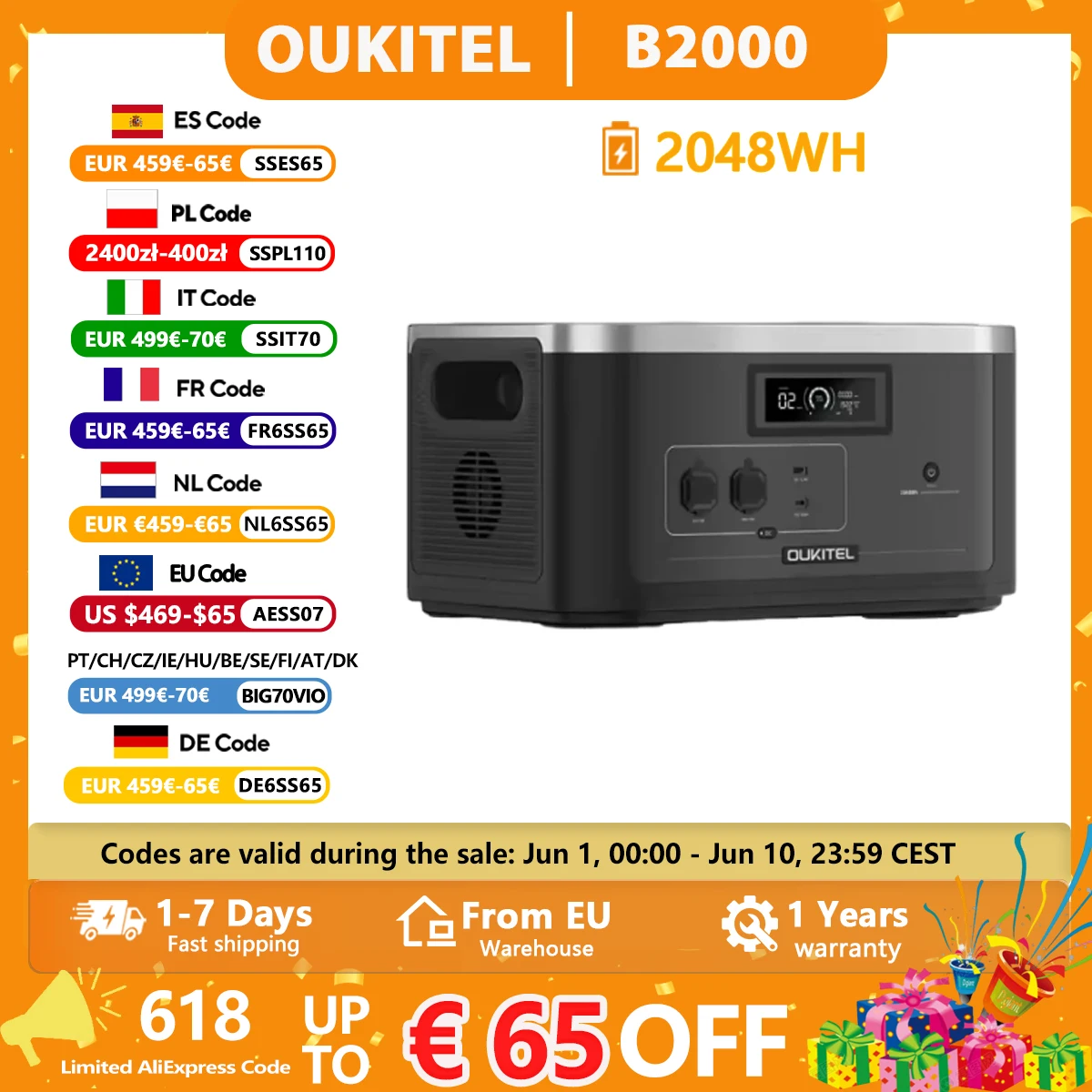 OUKITEL B2000 Expansion Battery 2048Wh LiFePO4 Battery, Over 3500 Life Cycles, Compatible with BP2000E Pro