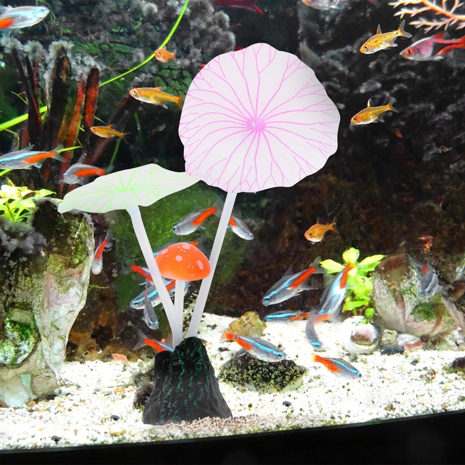 

4Pcs Aquarium Decoration Glowing Lotus Leaf Mushroom Realistic Silicone Ornament Safe Durable Home Decor Fish Tank