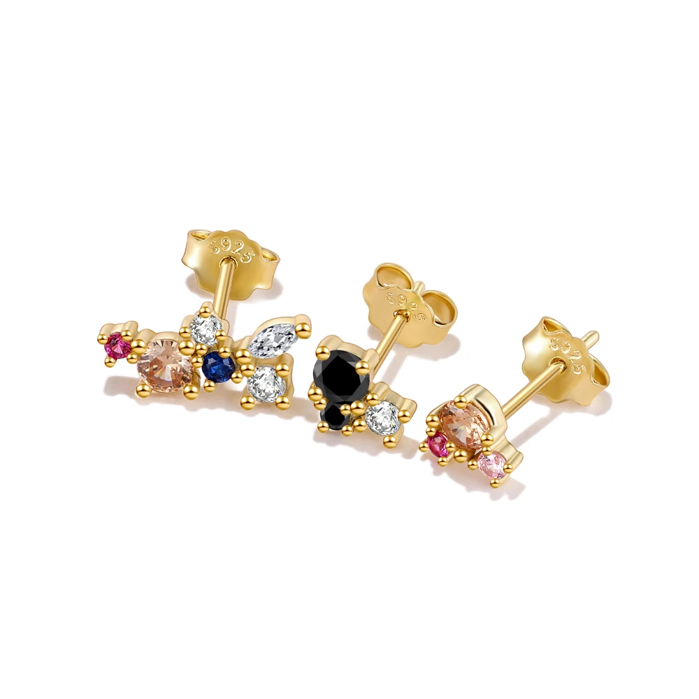 925 Sterling Silver Mixed Colorful Zircon Earrings For Female Simple Ins Delicate Stud Earring Piercing Jewerly 3pcs/set