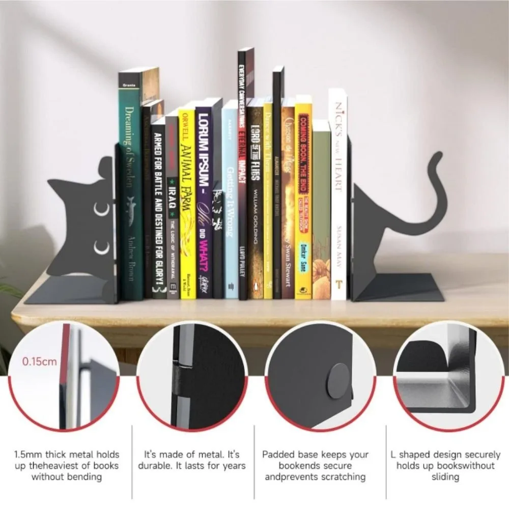 

Милый химерный дизайн кота, металлические подставки для книг, закругленные края, черный кот, подставки для книг, держатели для книг, украшение для офисной библиотеки