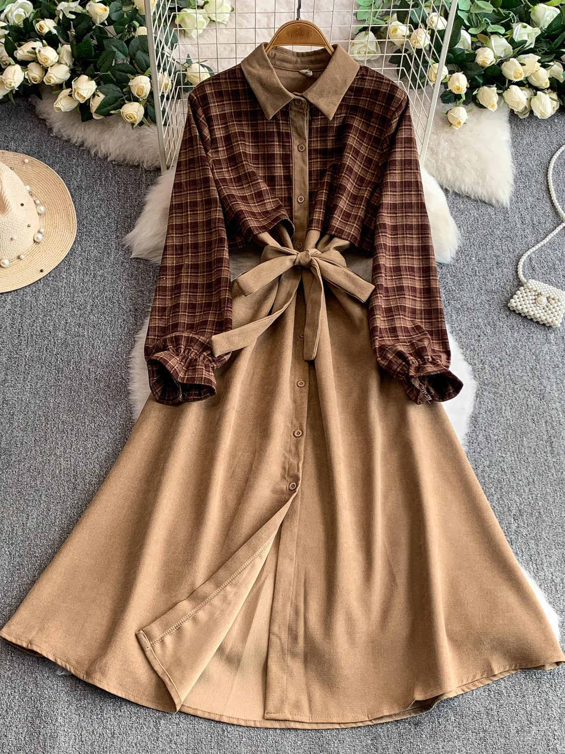 Retro Plaid irt Kragen Dr frauen Frühling Herbst Einzigen Taste Abnehmen Langen Rock Hohe Taille A-Line Dr Taste Verschluss