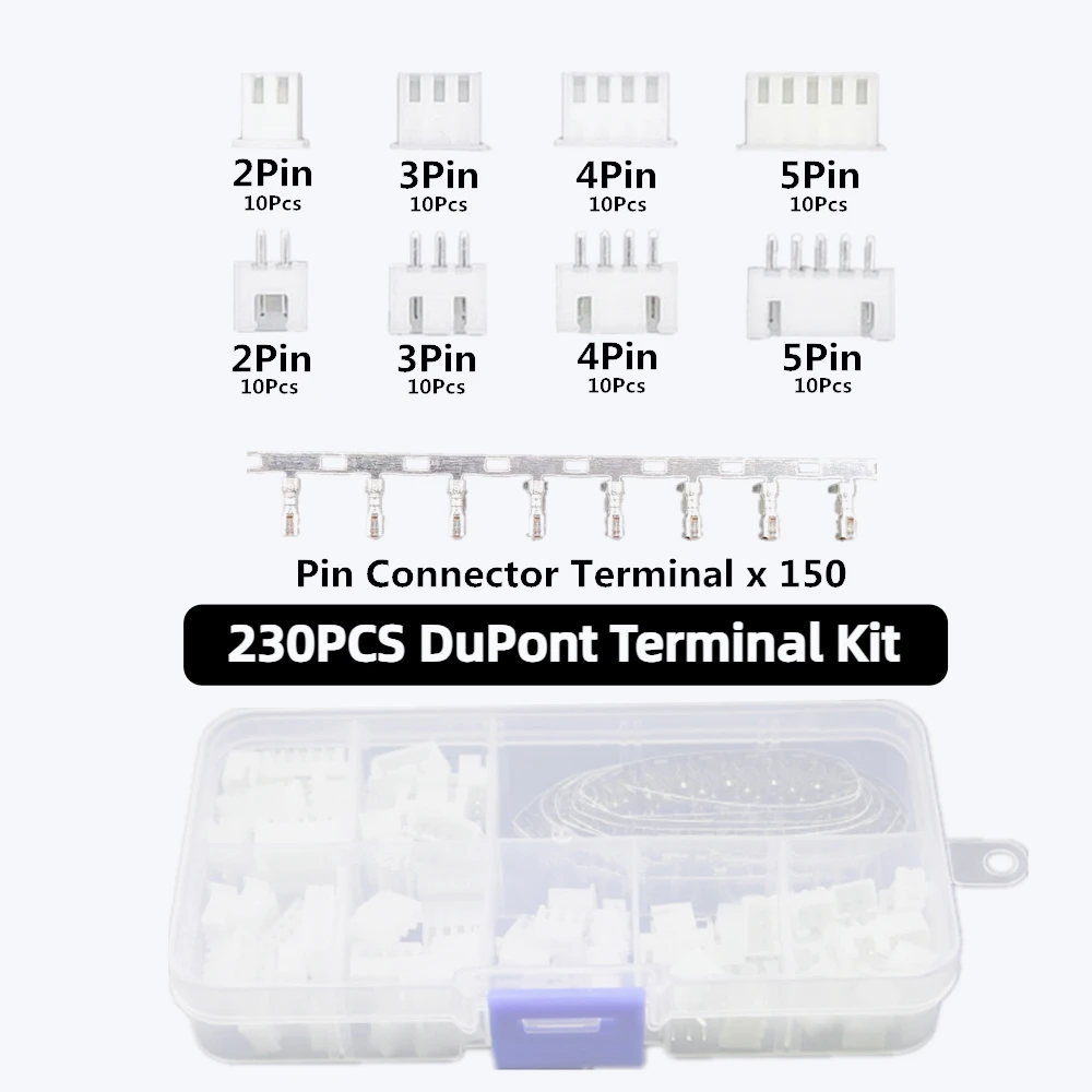 

230PCS XH2.54 2p 3p 4p 5pin 2.54mm Pitch Terminal Male Female Housing Kit Pin Connector Terminal Connector Kit Connector Adaptor