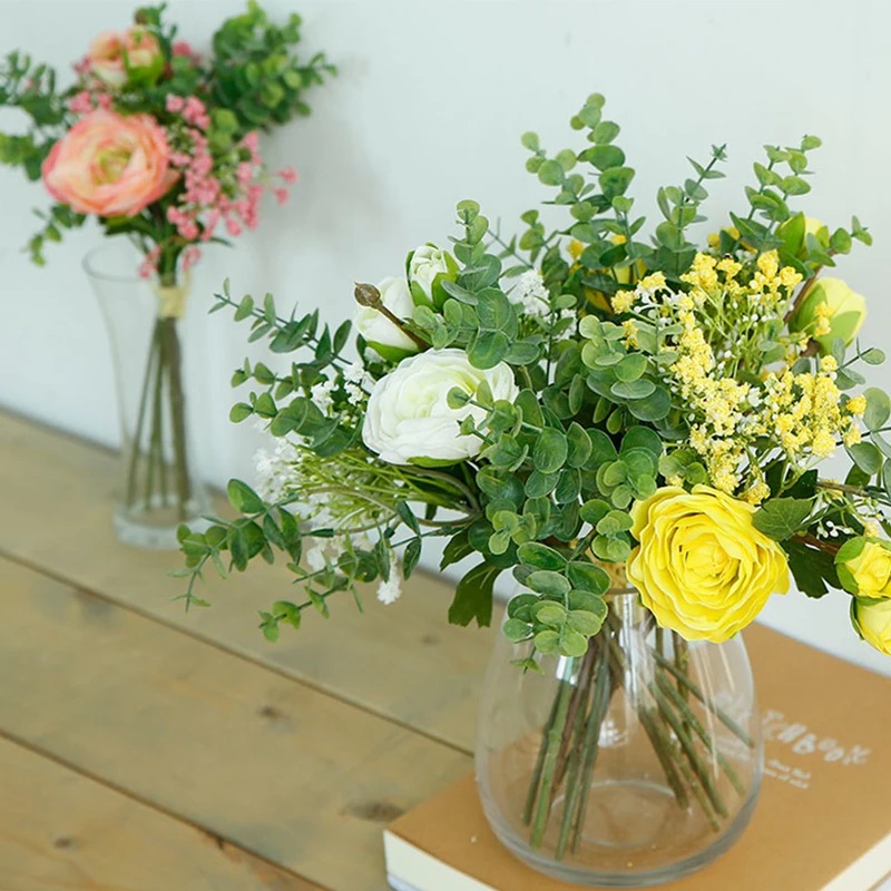 Flores artificiais verde eucalipto folha peônia buquê para casamentos decoração floral picaretas jardim diy acessórios de decoração para casa